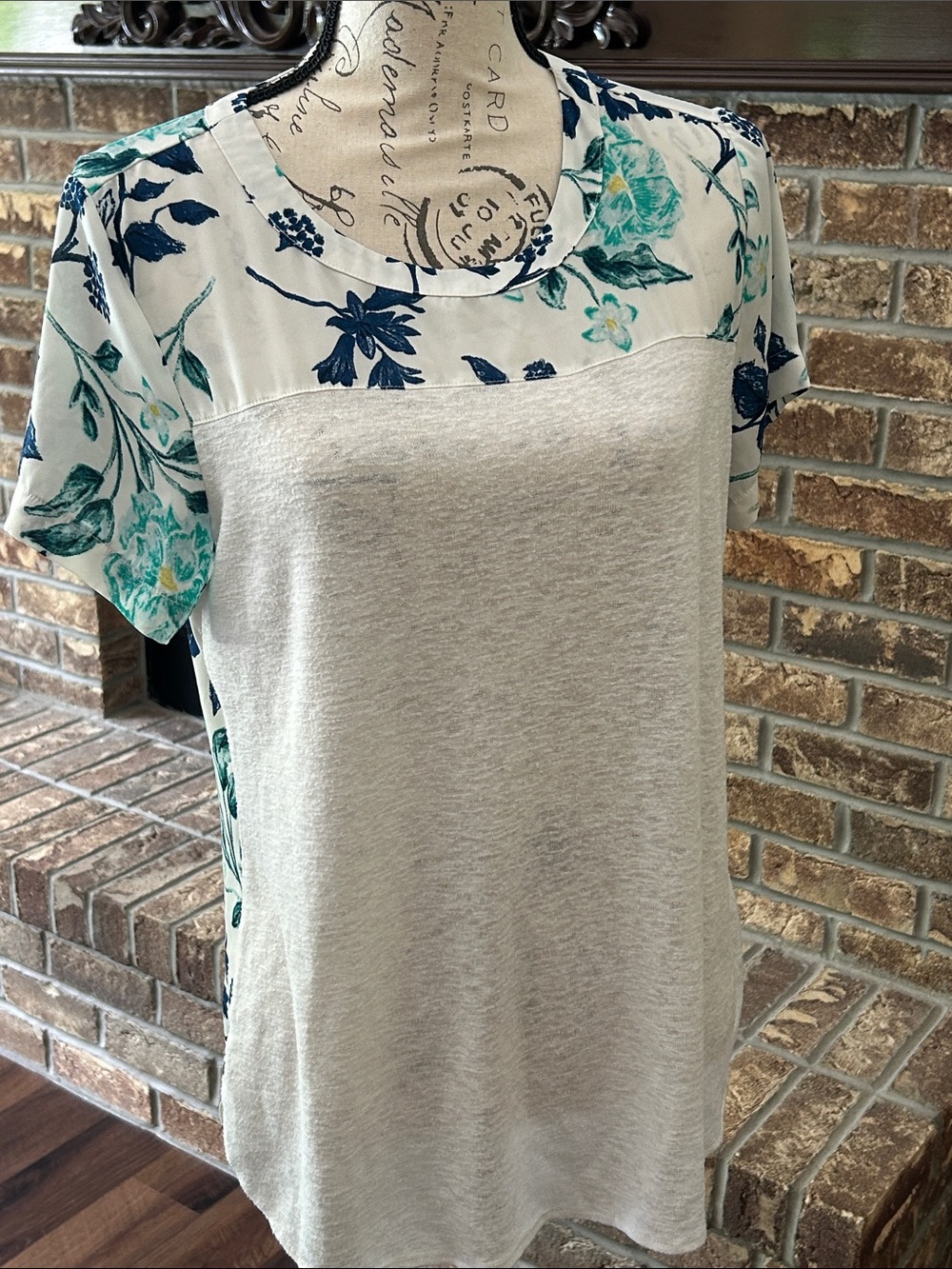 Floral Panel Short Sleeve Top White Teal & Blue Medium - Picture 1 of 7